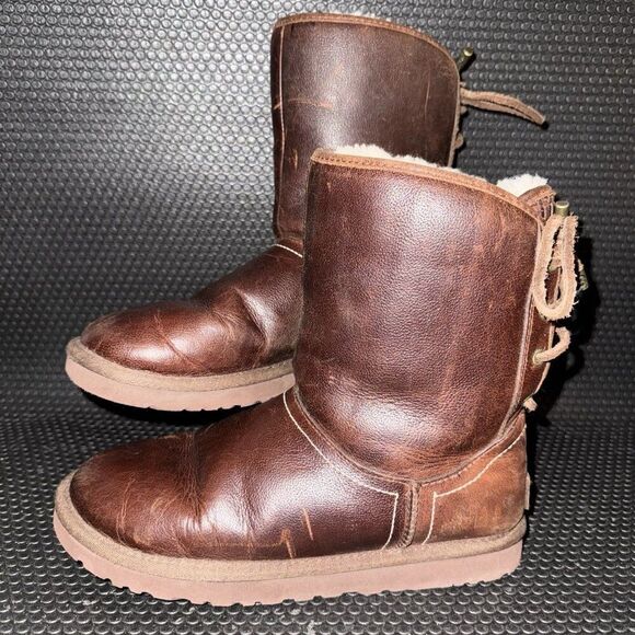 Ugg Mariana Brown Woven Leather Water resistant Mid Calf Boots Women’s Size 6 - Picture 1 of 8